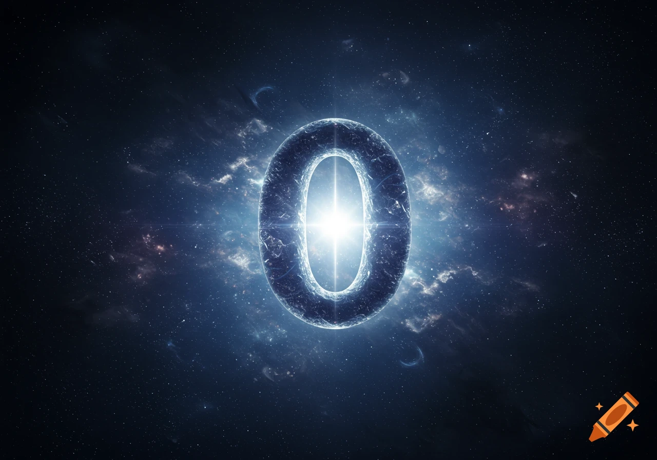 A stylized, glowing numeral 0 made of ice-like material, emanating light from its center, floats in a dark blue, starry cosmic void with nebulous patterns.