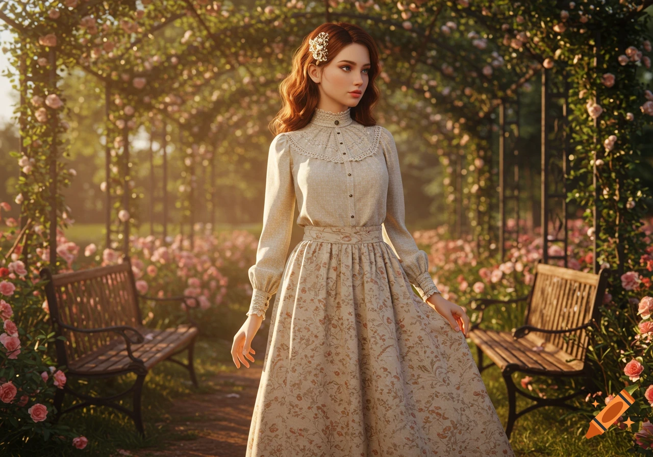 Young woman with red hair in a vintage dress stands in a sunny rose garden with benches and arbors.