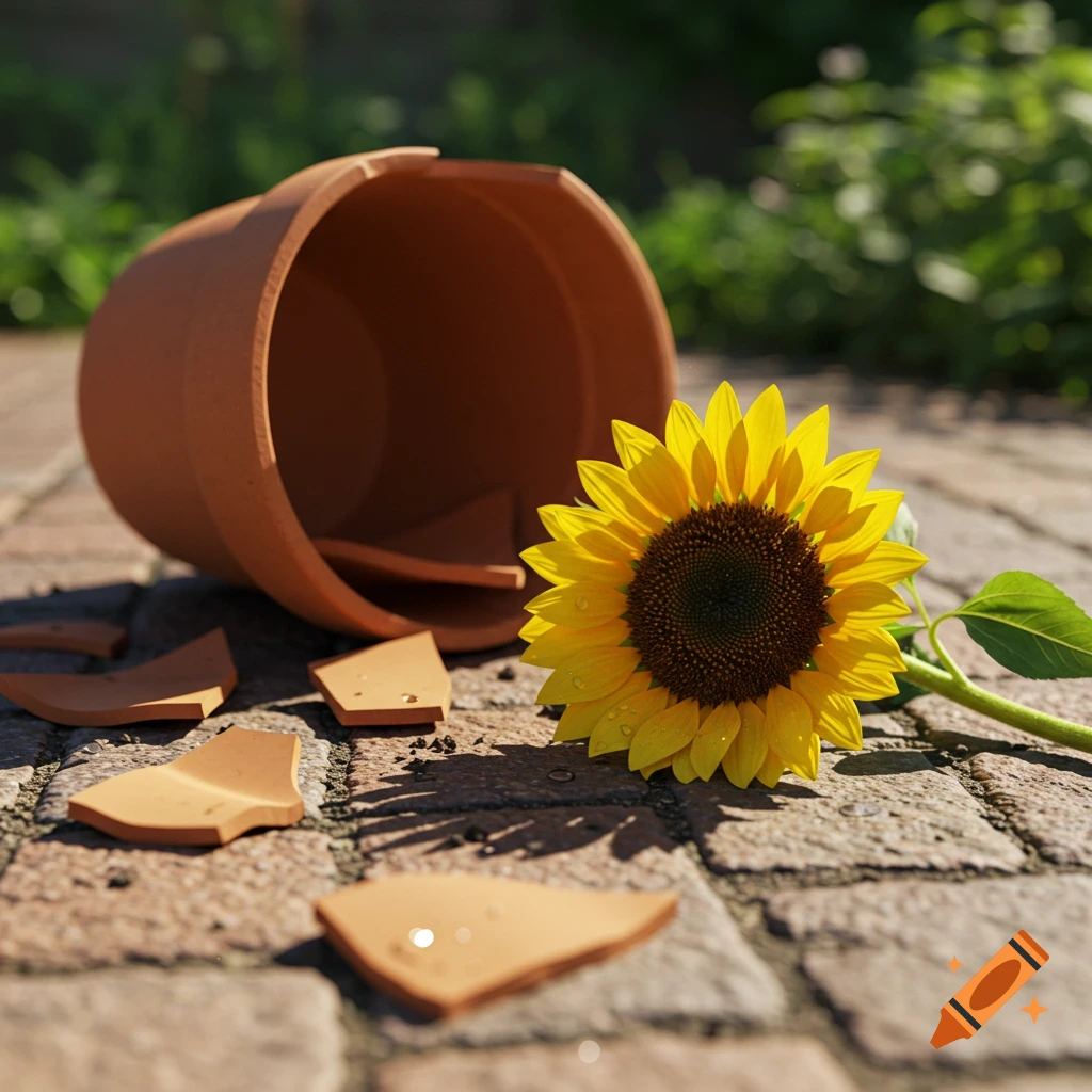 A photorealistic image of a broken terracotta flower pot and a vibrant sunflower lying on a sunlit brick ground.