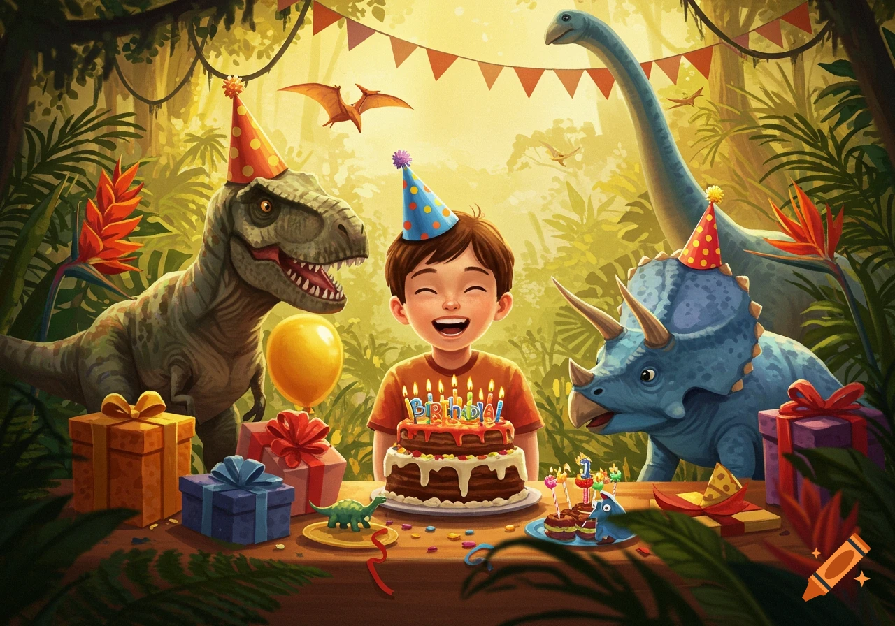 Happy boy celebrates a dinosaur-themed birthday party with a cake, gifts, and two large dinosaurs in a lush jungle setting.