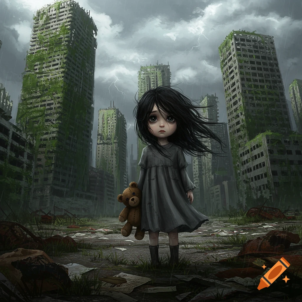 A sad little girl with a teddy bear stands alone in a desolate, rain-swept dystopian city with overgrown ruined buildings.