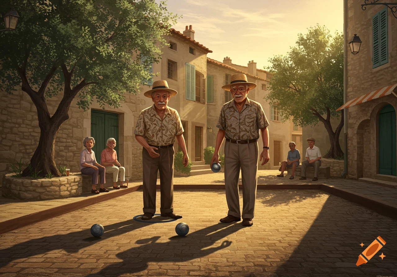 Two elderly men in straw hats play pétanque in a sunny European village square while others watch.