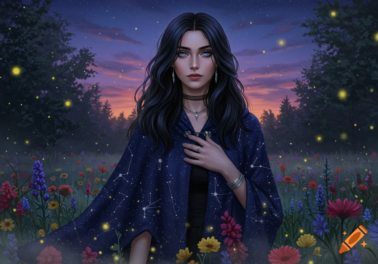 A beautiful woman with long dark hair and blue eyes wears a dark blue cloak with constellations, standing in a field of colorful flowers with fireflies at dusk.