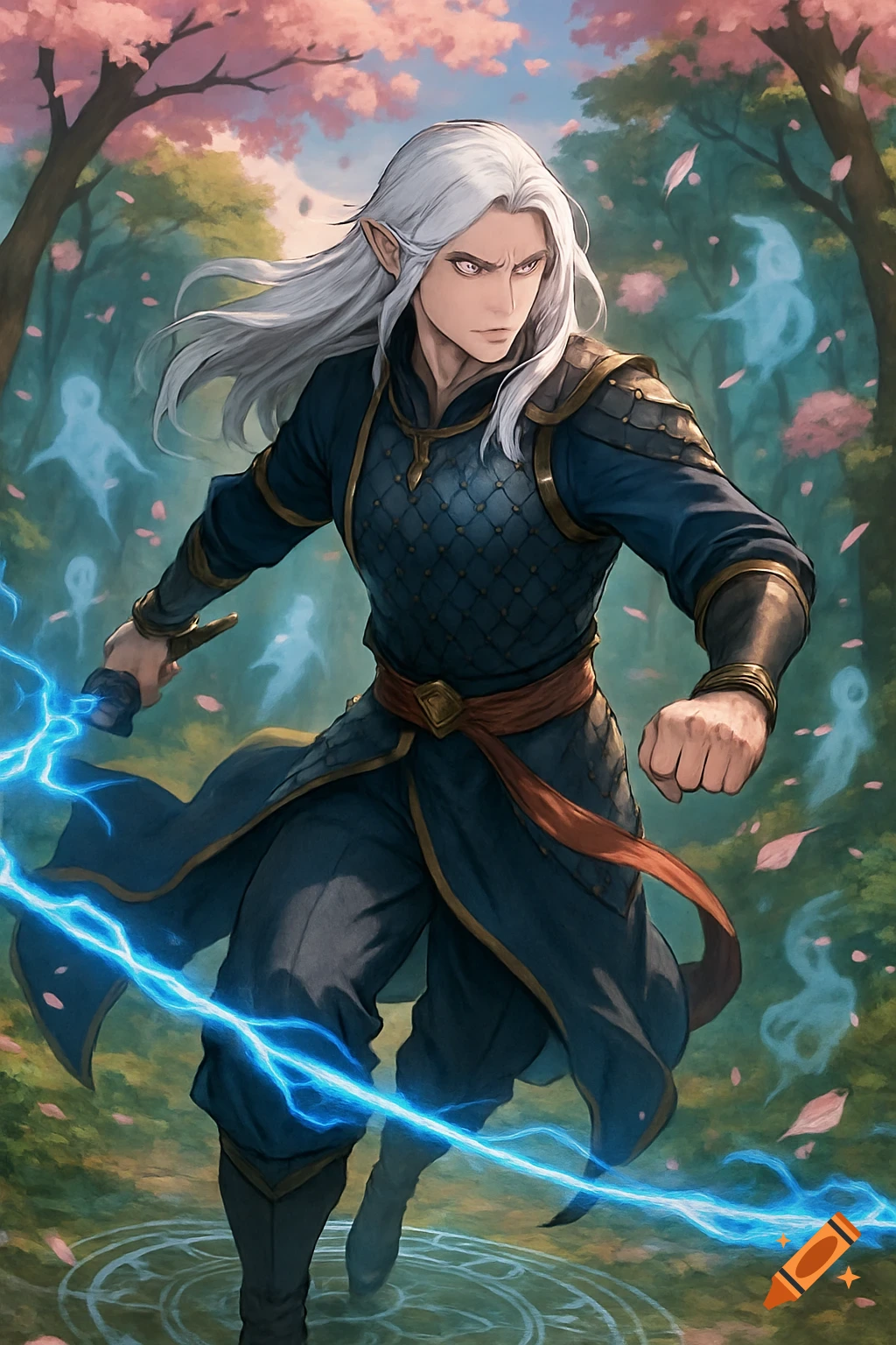 Anime-style fantasy art of a white-haired elf warrior conjuring blue lightning amidst cherry blossoms and ethereal spirits in a forest.