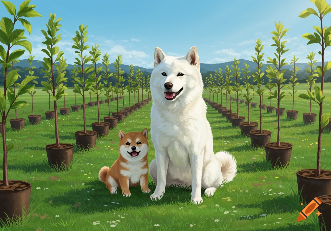A small Shiba Inu puppy and a large white dog sit in a grassy field with rows of tree saplings under a blue sky, in an illustration style.