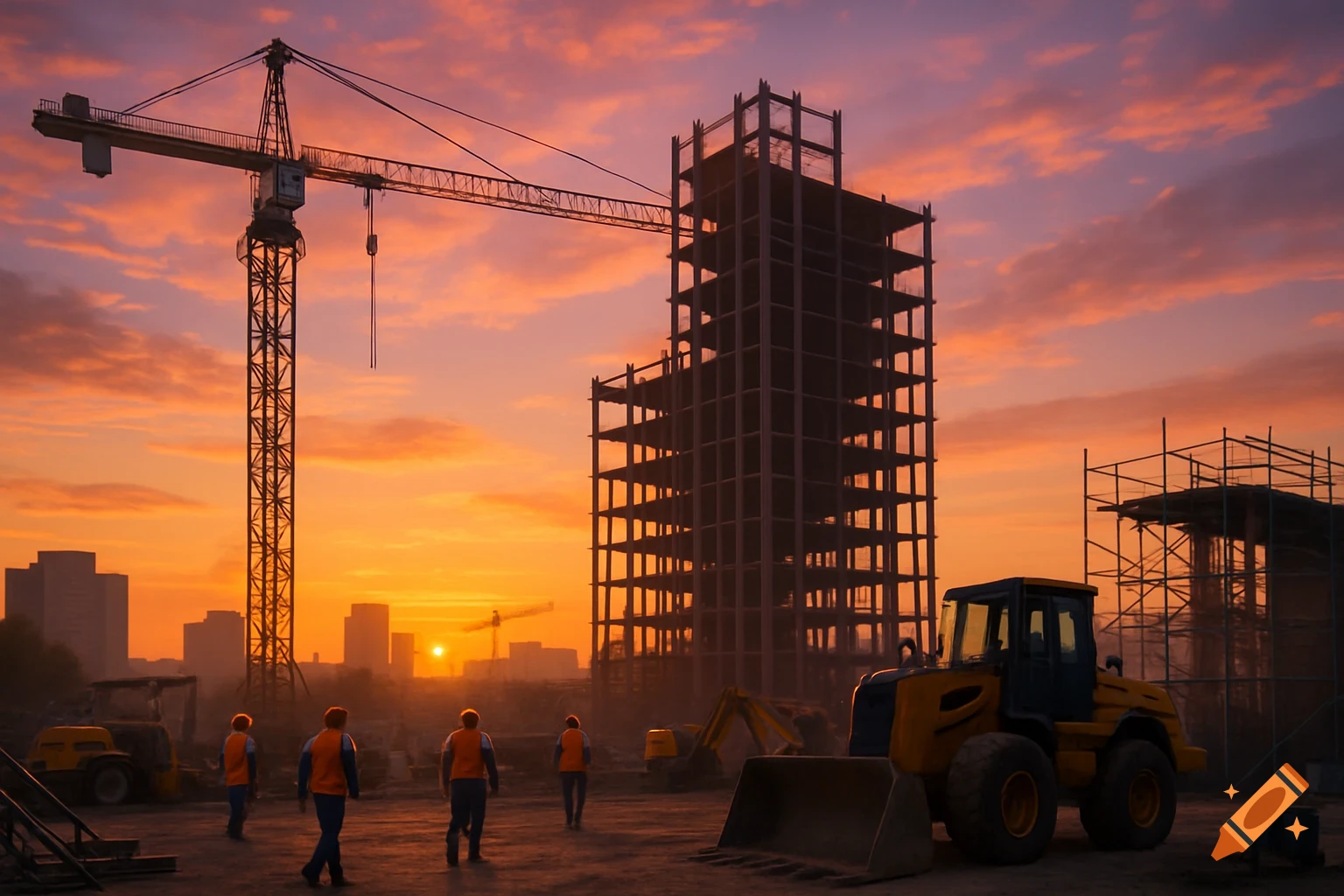 A photorealistic construction site at sunset with cranes, an unfinished building, heavy machinery, and workers.