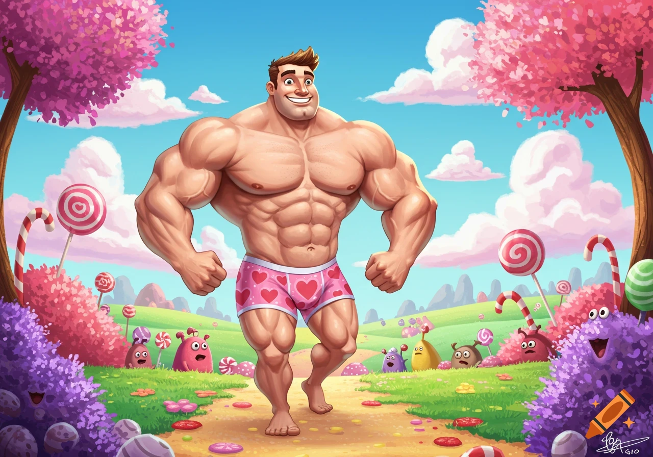 Cartoon muscular man in pink heart boxers smiles in a whimsical candy land with lollipops, candy canes, and colorful creatures.