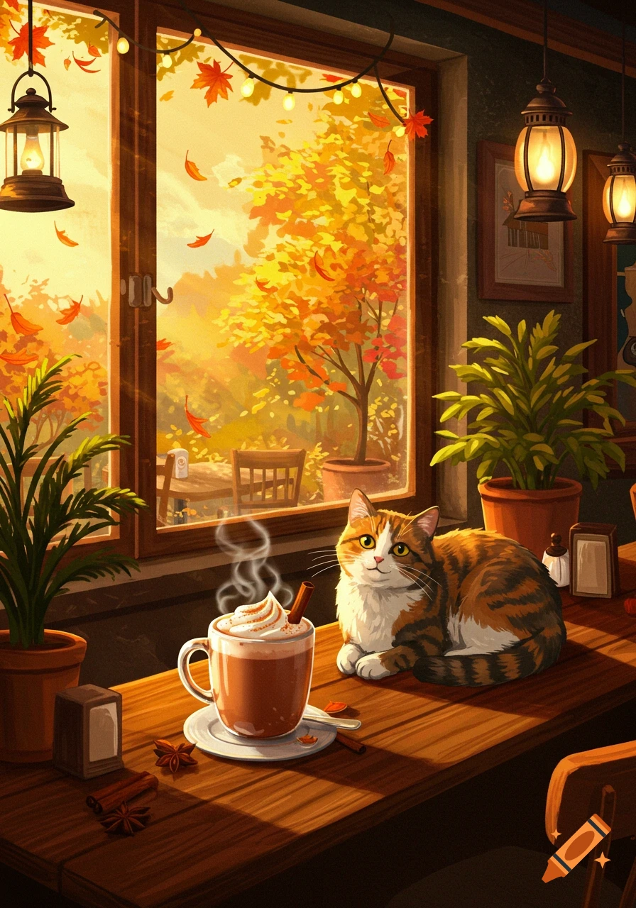 An adorable cat sits on a wooden table next to a steaming cup of hot cocoa, looking out a window at a vibrant autumn scene with falling leaves.