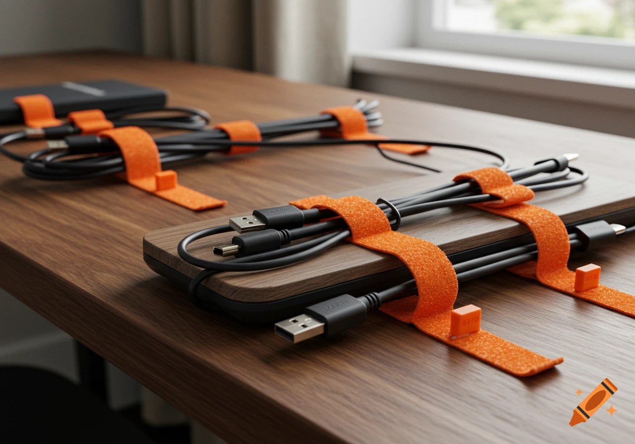 Photorealistic image of a tidy wooden office desk with electronics cables neatly bundled with bright orange velcro ties.