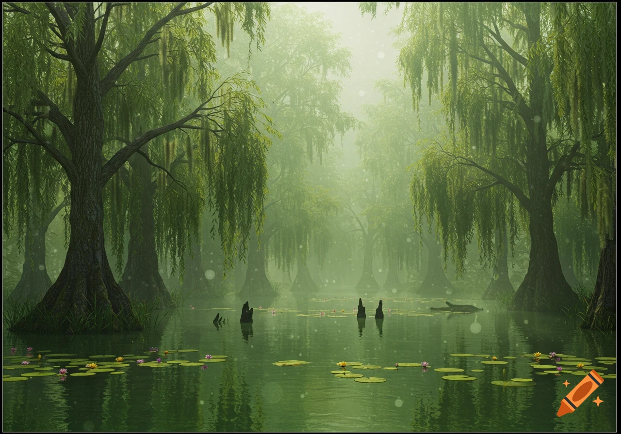 A serene, misty swamp scene with cypress trees, water lilies, and still green water, with light filtering through the fog.