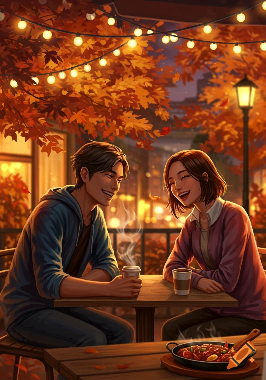 Anime illustration of a happy couple laughing at an outdoor cafe during autumn, surrounded by orange leaves and string lights.