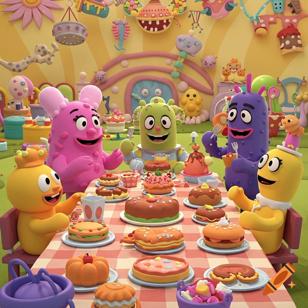 Colorful cartoon characters from Yo Gabba Gabba having a party with many cakes and desserts in a whimsical, stylized setting.