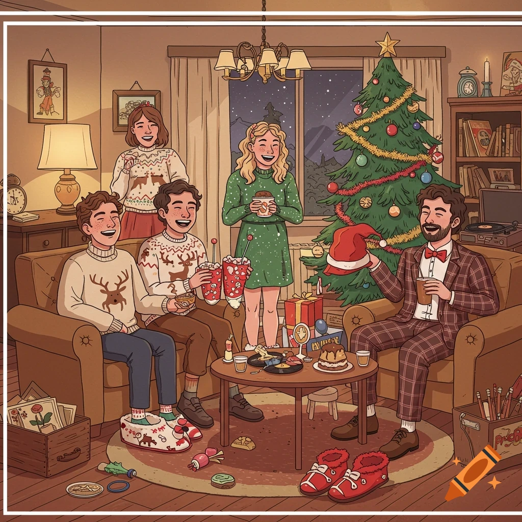 Cartoon illustration of a group of friends laughing and celebrating Christmas in a cozy living room with a decorated tree.