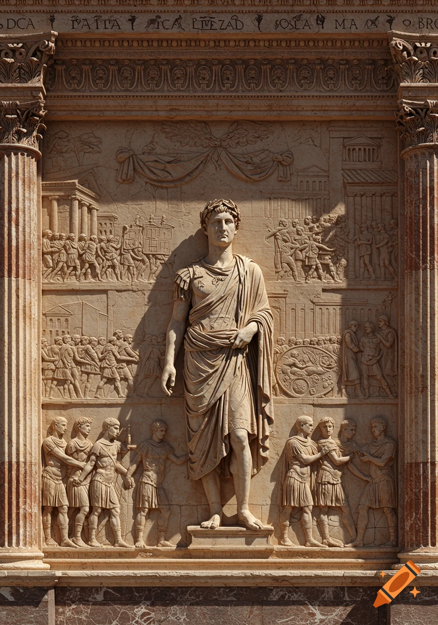 A detailed Roman-style bas-relief showing a central statue of Octavian Augustus, flanked by columns and narrative scenes.
