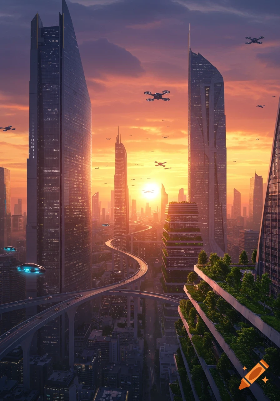 Photorealistic futuristic cityscape with towering skyscrapers, elevated roads, flying cars, and drones under a vibrant orange sunrise.