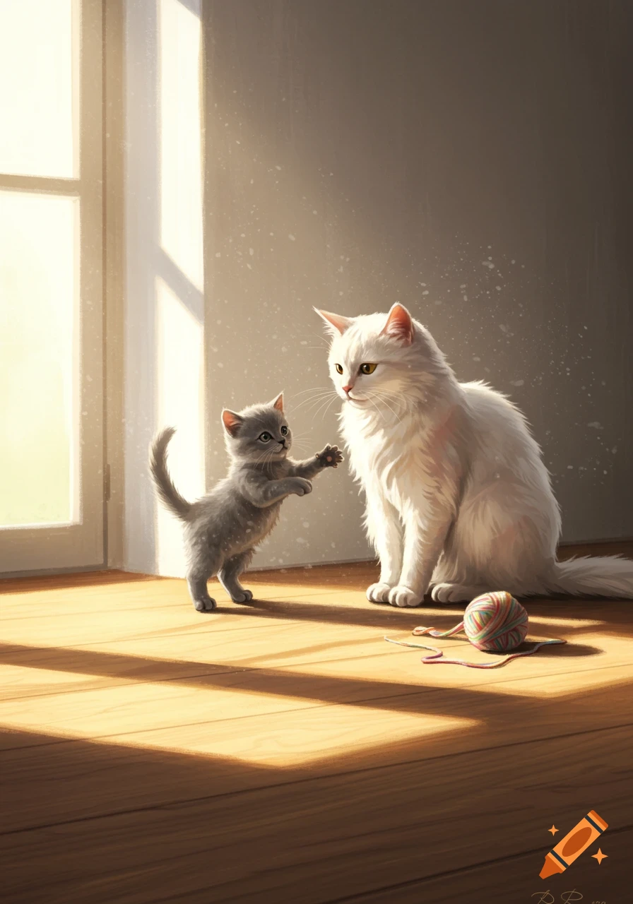 A playful gray kitten reaches towards a white cat on a sunlit wooden floor, with a ball of yarn nearby. Digital painting.