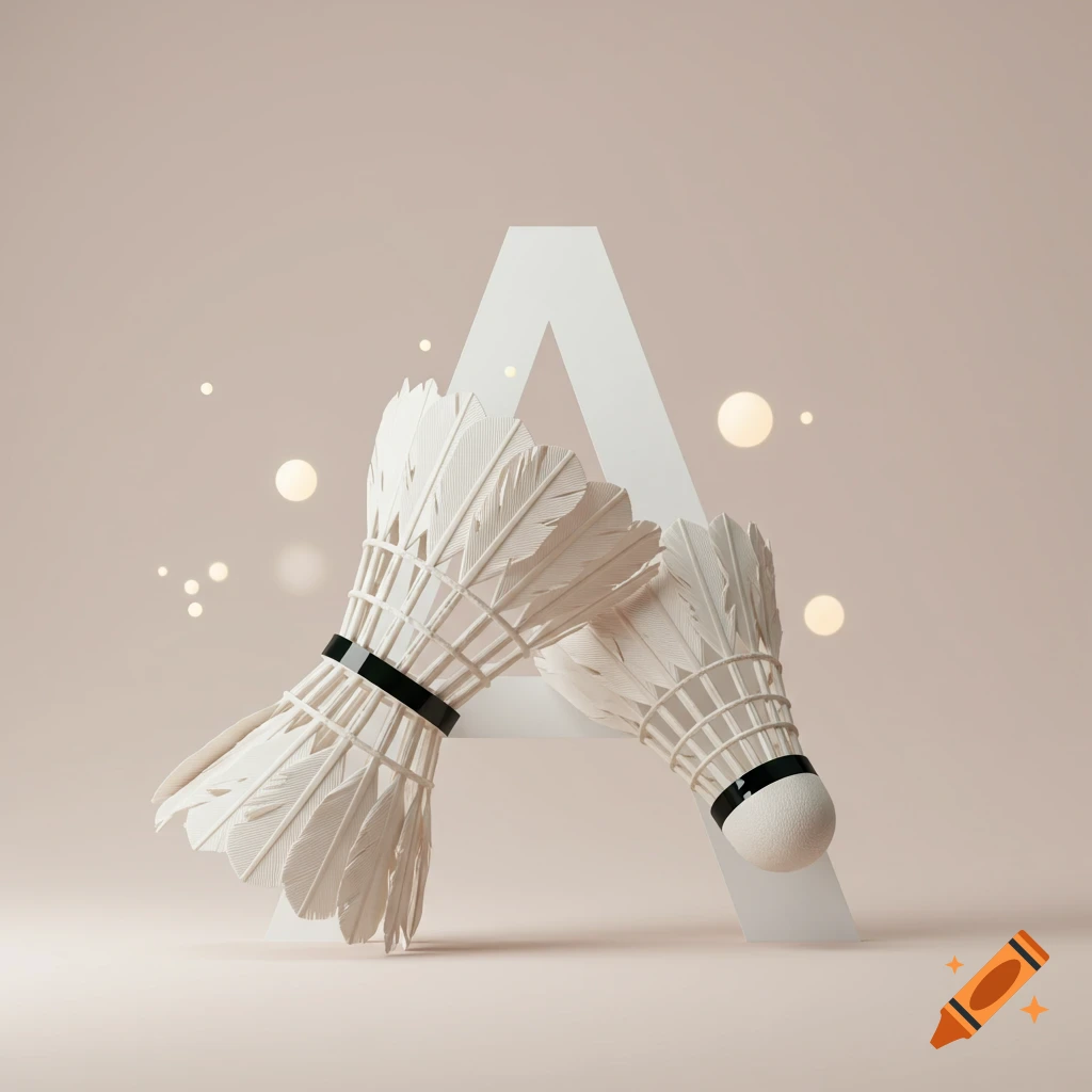 Two white badminton shuttlecocks leaning against a large white letter A on a soft pink background with subtle bokeh lights.