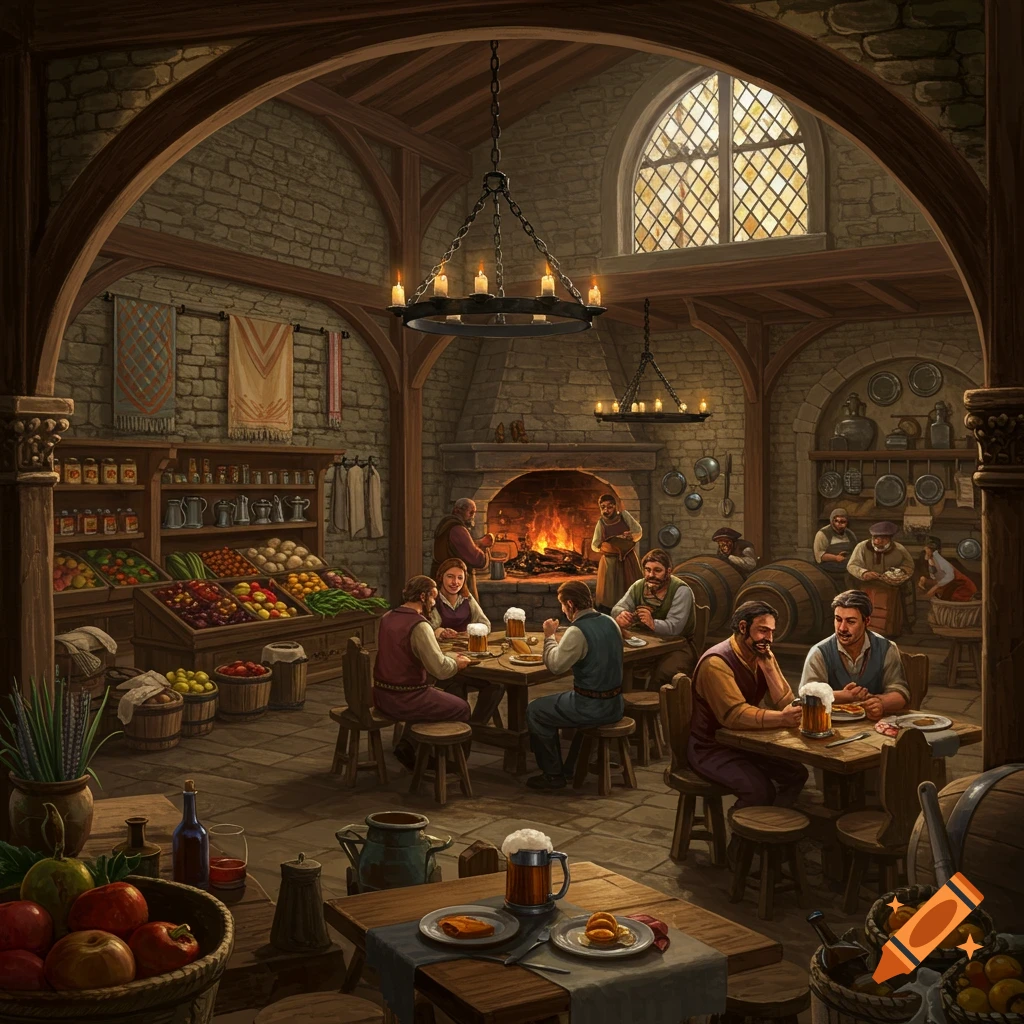 A bustling medieval tavern and general store with patrons dining, a roaring fireplace, and shelves stocked with produce and goods.