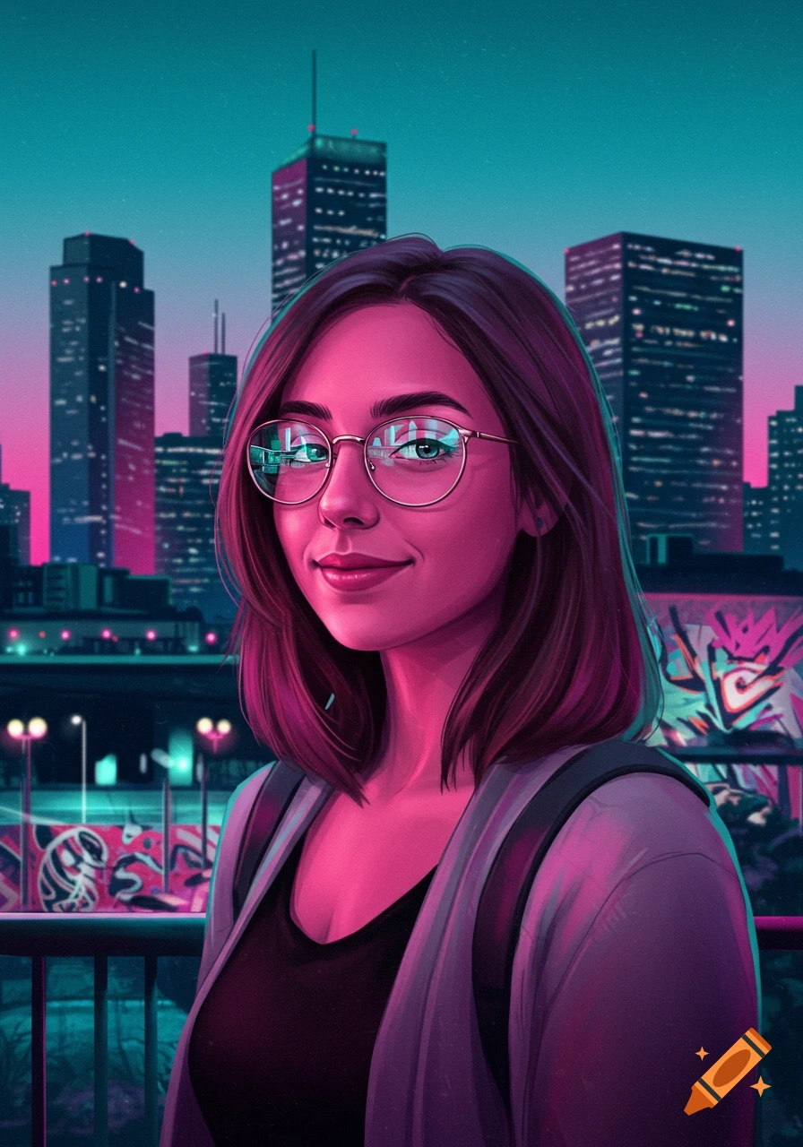 Digital art portrait of a smiling woman with glasses, set against a neon-pink and teal urban cityscape at night.