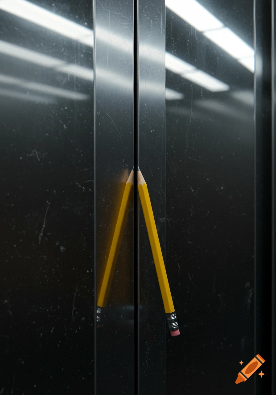 A yellow pencil is stuck vertically between dark, reflective elevator doors.