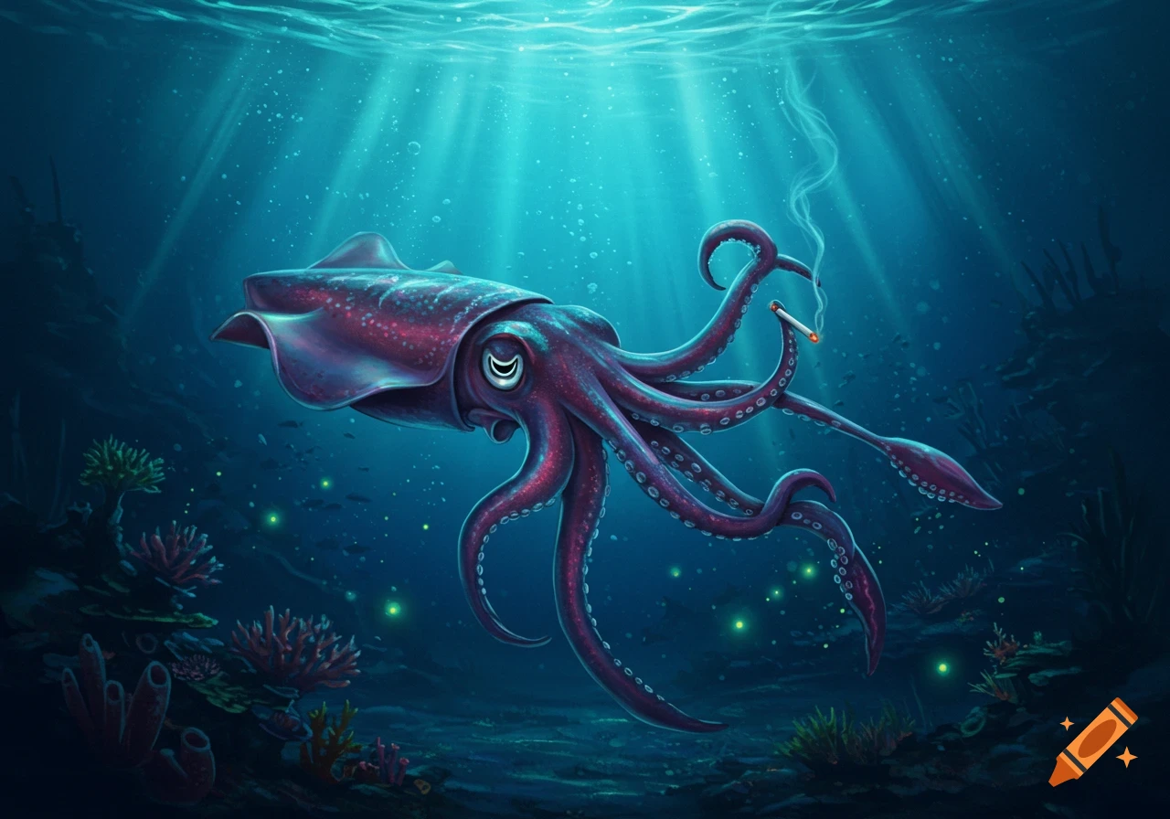 A vibrant purple squid holds a lit cigarette while swimming through sun-dappled blue water above a coral reef, digital art.