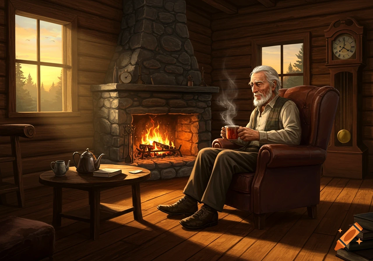 An old man with a white beard sits in a comfortable armchair by a roaring fireplace in a rustic log cabin, drinking from a mug. Golden light streams through a window.
