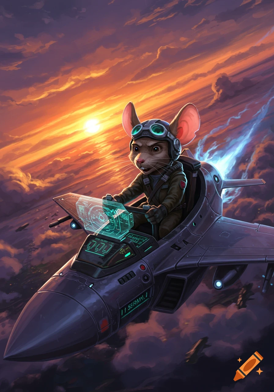 An anthropomorphic mouse in a flight helmet pilots a jet fighter through a dramatic sunset sky.