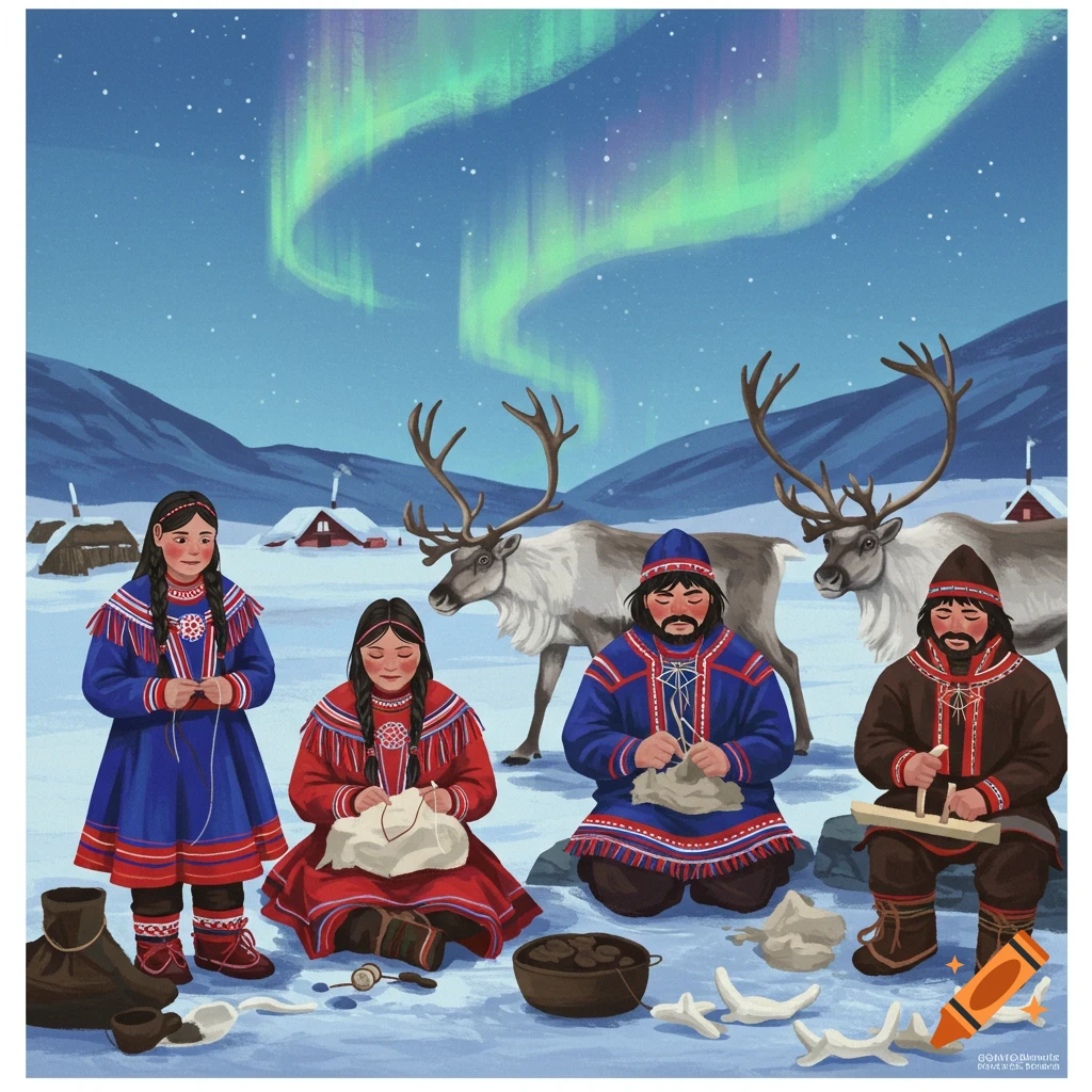 Sámi people in traditional attire work on crafts in a snowy landscape with reindeers and the Northern Lights in the sky, illustration.