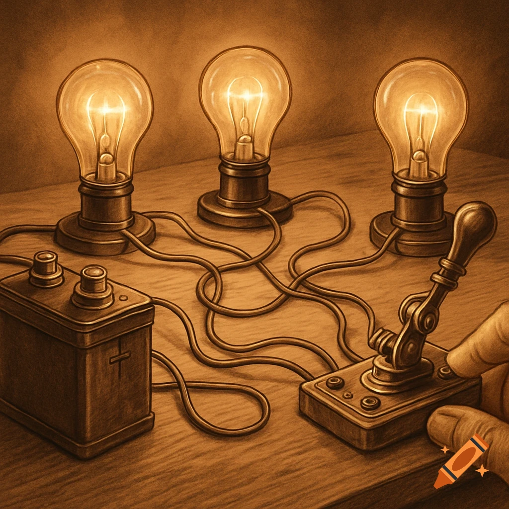 A hand operates a vintage-style toggle switch connected by wires to a battery and three glowing light bulbs, on a wooden table.