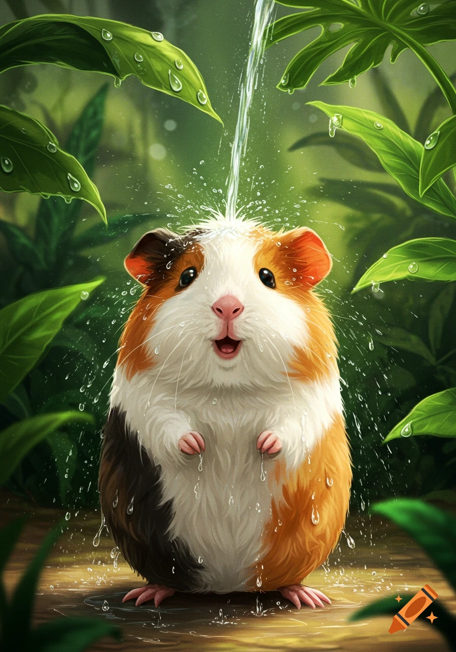 A cute brown, white, and orange guinea pig stands in a lush forest, water pouring onto its head and splashing around, in a whimsical illustration.
