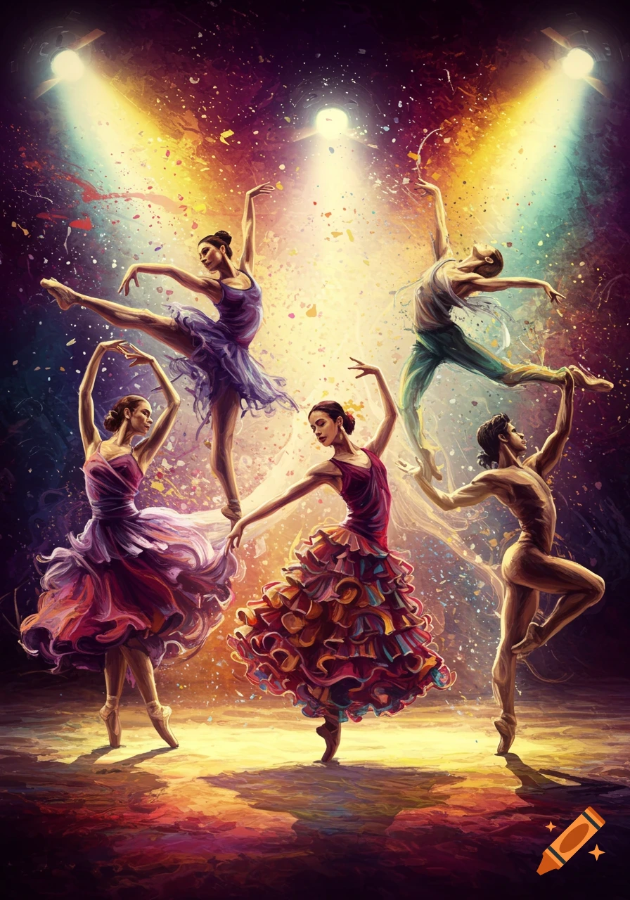 Vibrant, abstract painting of multiple dancers in dynamic poses on a spotlighted stage, with colorful paint splatters.