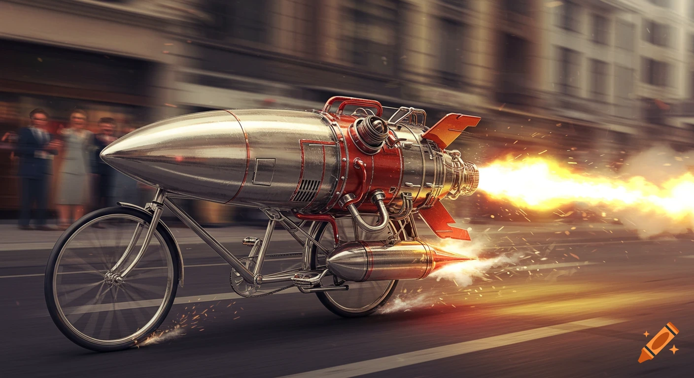 A sleek, silver bicycle with a large red rocket engine attached, racing down a city street with fiery exhaust.