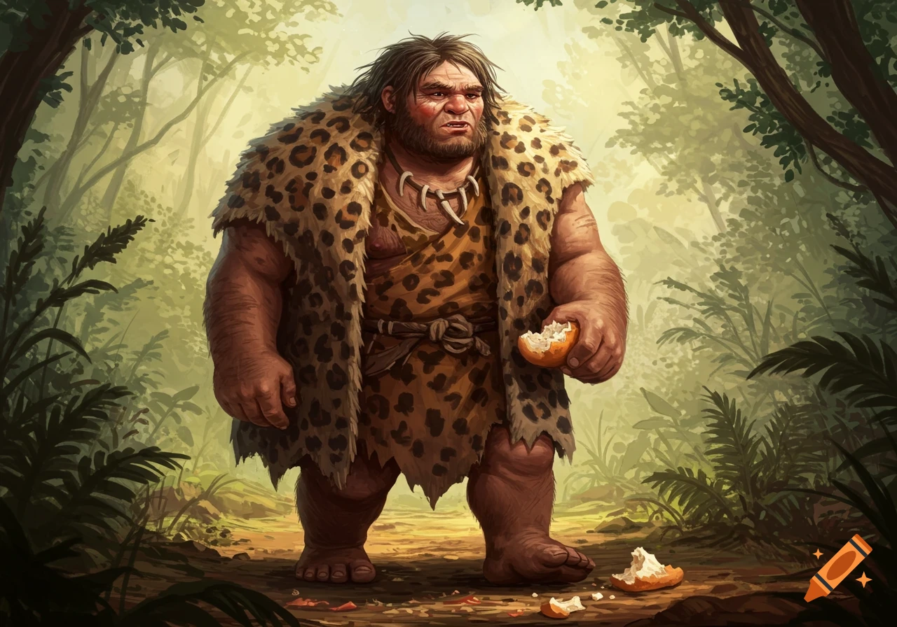 An illustrated brawny caveman in a leopard print coat holds a half-eaten bread roll in a lush forest.