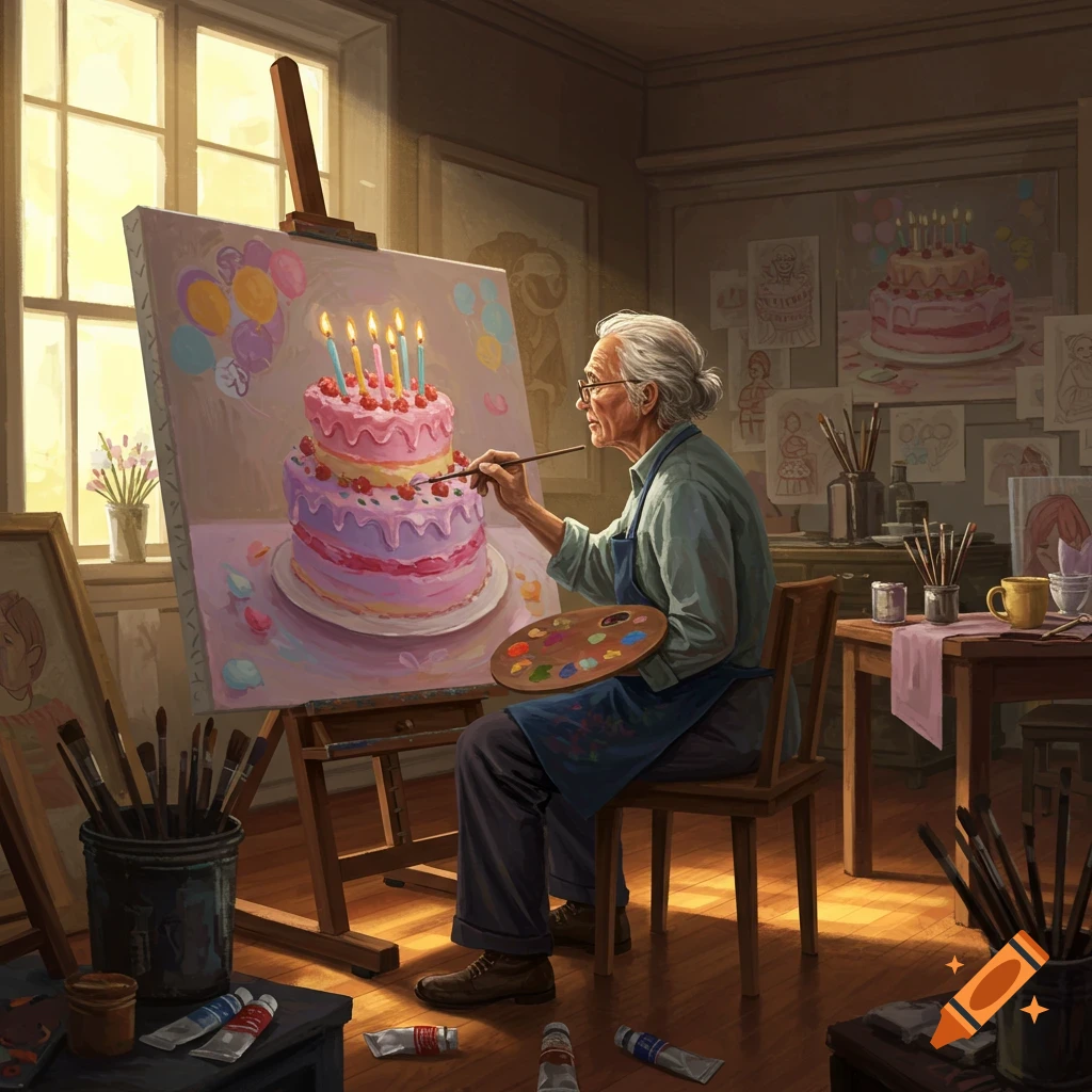 An elderly artist paints a vibrant two-tiered birthday cake on an easel in a sunlit art studio, surrounded by other artworks and art supplies.