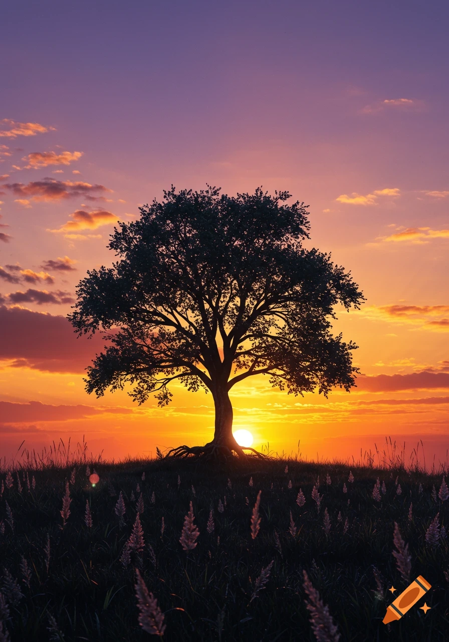A lone tree silhouetted against a vibrant orange and purple sunset over a grassy field.