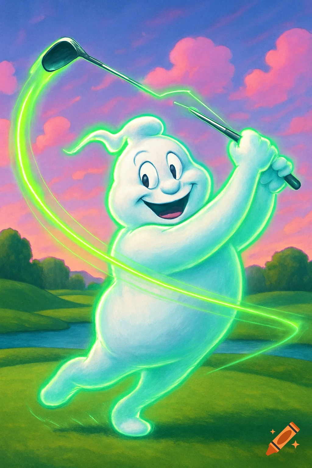A happy, cartoon ghost, resembling Slimer, in mid-swing on a golf course with a glowing green trail, under a vibrant sky.