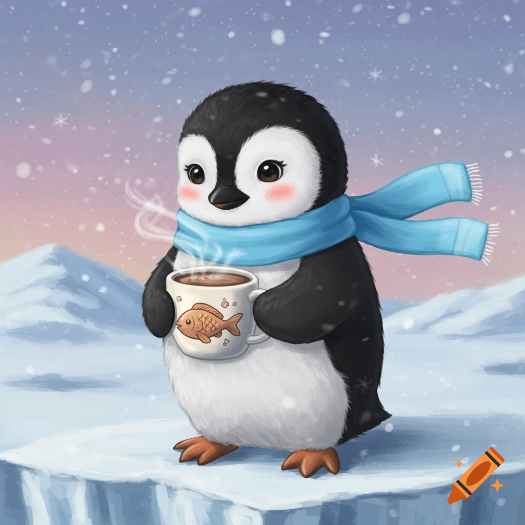 Cute cartoon penguin in a blue scarf holding a steaming mug with a fish design, standing on snowy ice with falling snowflakes.