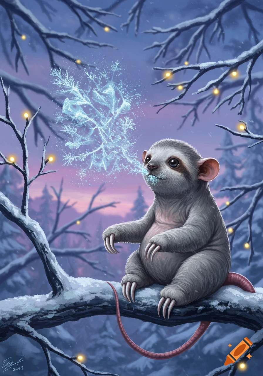 A cute, gray, sloth-rat hybrid creature with large claws sits on a snowy branch, exhaling a swirling, icy snowflake. Winter forest background with glowing lights on branches.