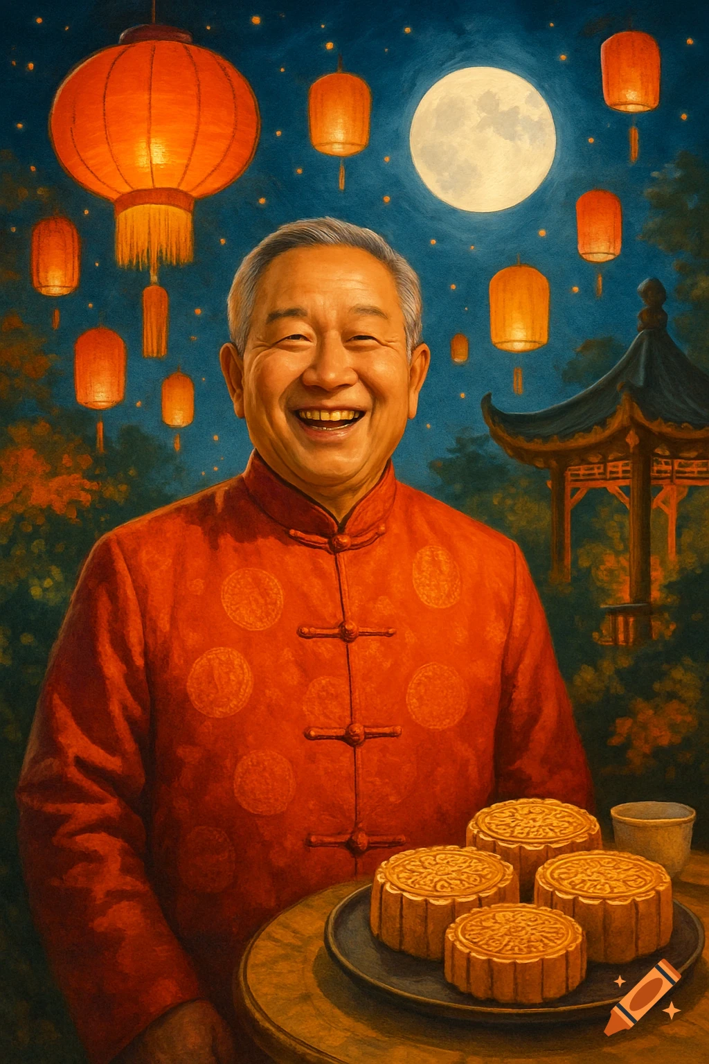 Smiling elderly Asian man in red traditional attire holds a tray of mooncakes under a full moon with lanterns and a pavilion in a painterly style.