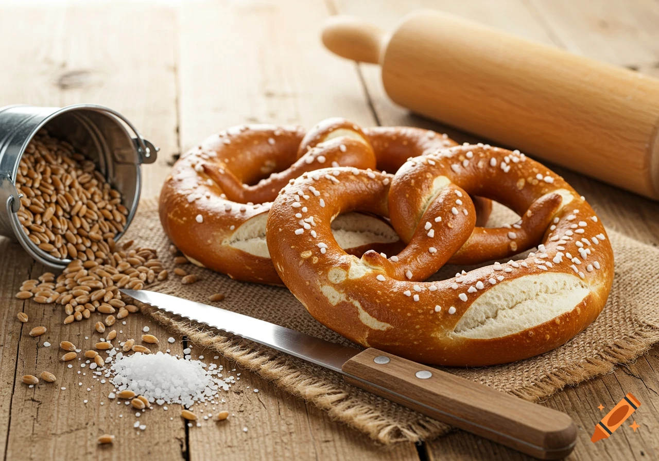 Two salted pretzels on a burlap sack on a wooden table, with wheat grains, a knife, and a rolling pin nearby in a photorealistic still life.