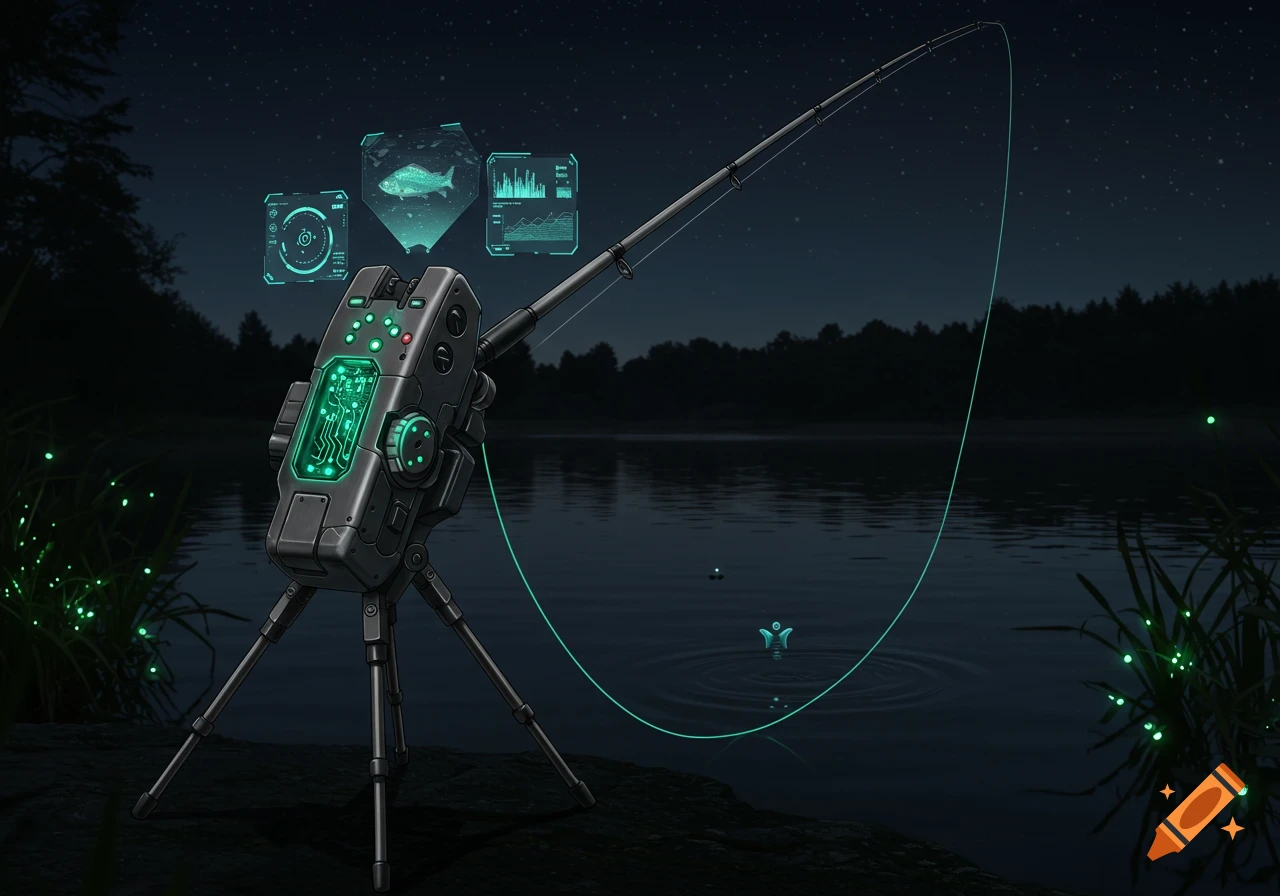 A futuristic glowing fishing rod and device on a lake at night, displaying a fish on a holographic screen. Concept art.