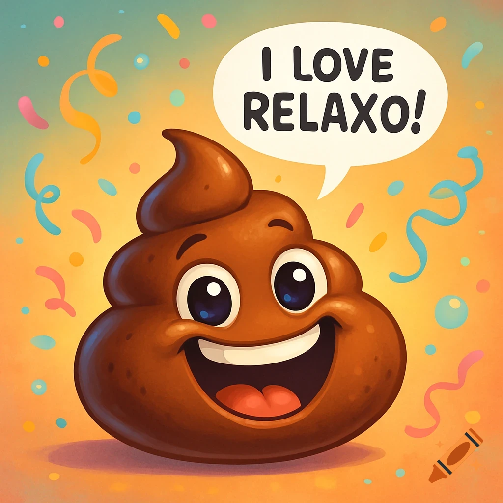 A happy cartoon poop emoji character with big eyes and a wide smile, saying "I LOVE RELAXO!" in a speech bubble, surrounded by colorful confetti.