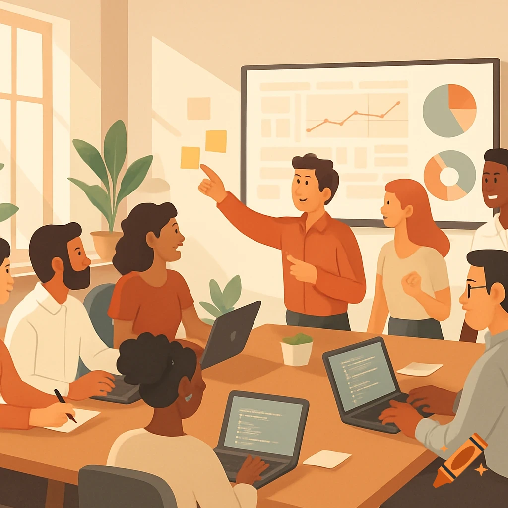 Flat vector illustration of a diverse team collaborating in a modern office meeting with laptops and a whiteboard.