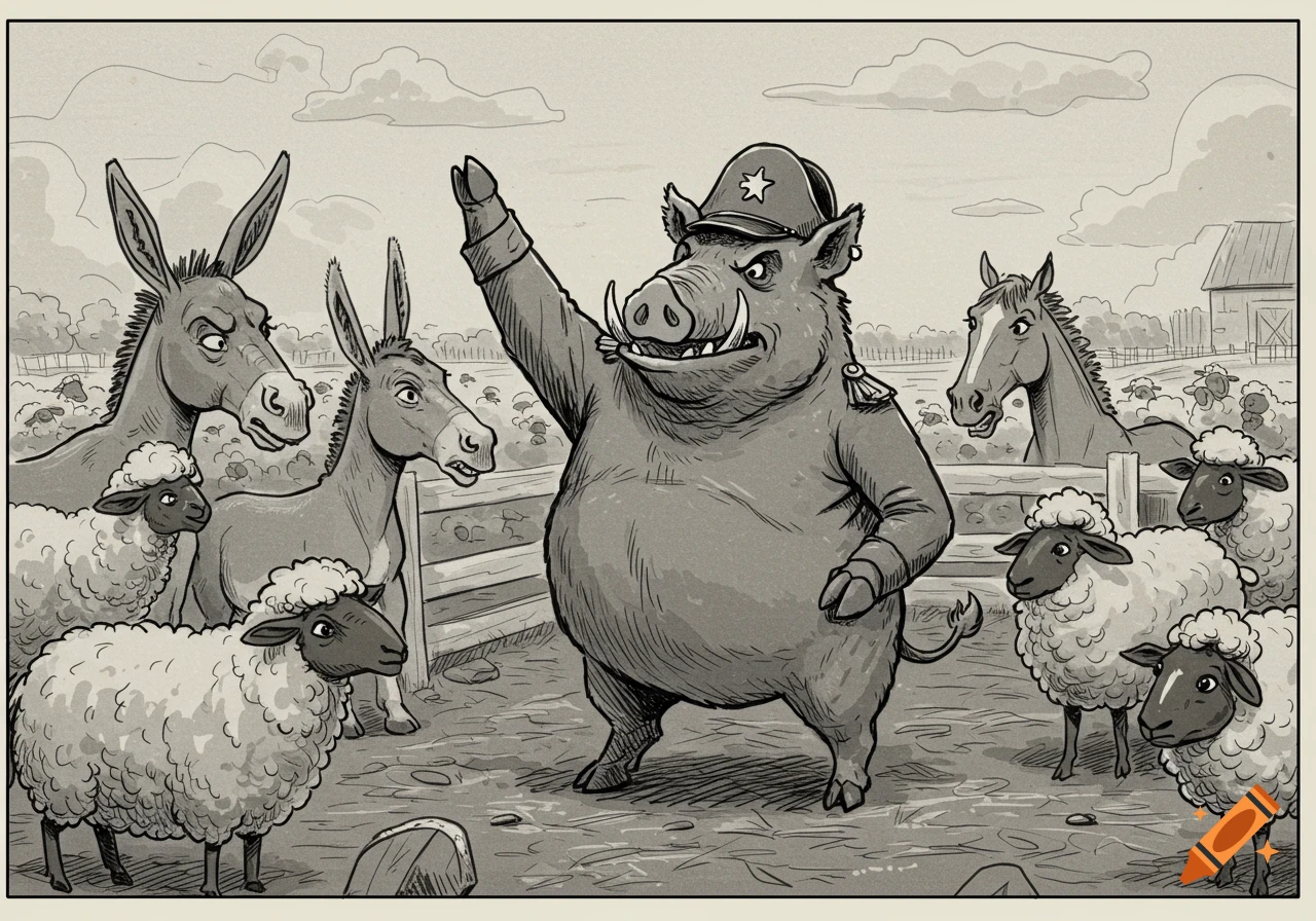 A black and white political cartoon shows a pig in a military uniform giving a speech to donkeys, horses, and sheep on a farm.