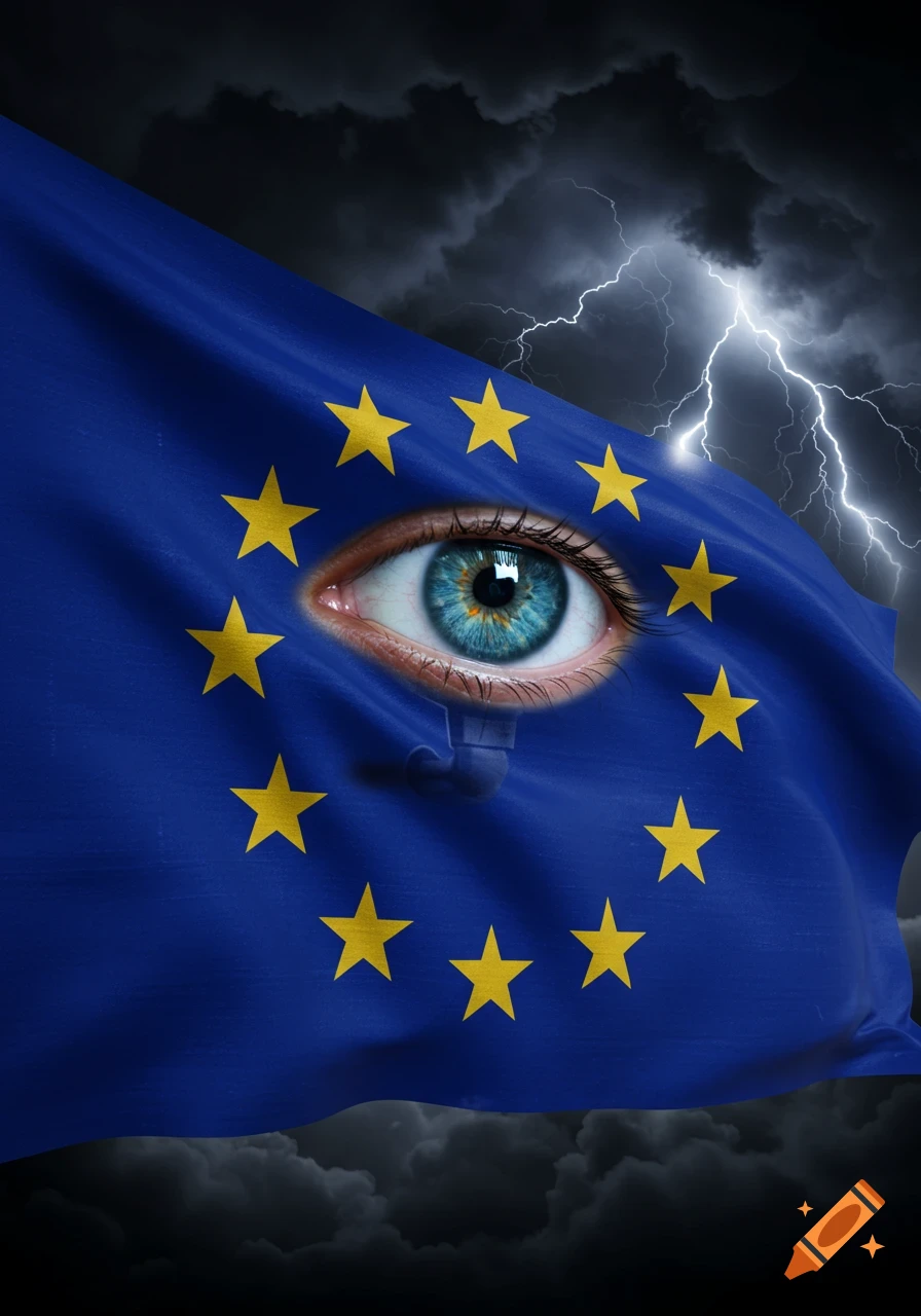 An EU flag with a realistic blue human eye replacing the central stars, a small pipe-like detail below it, against a dark, stormy sky with lightning.