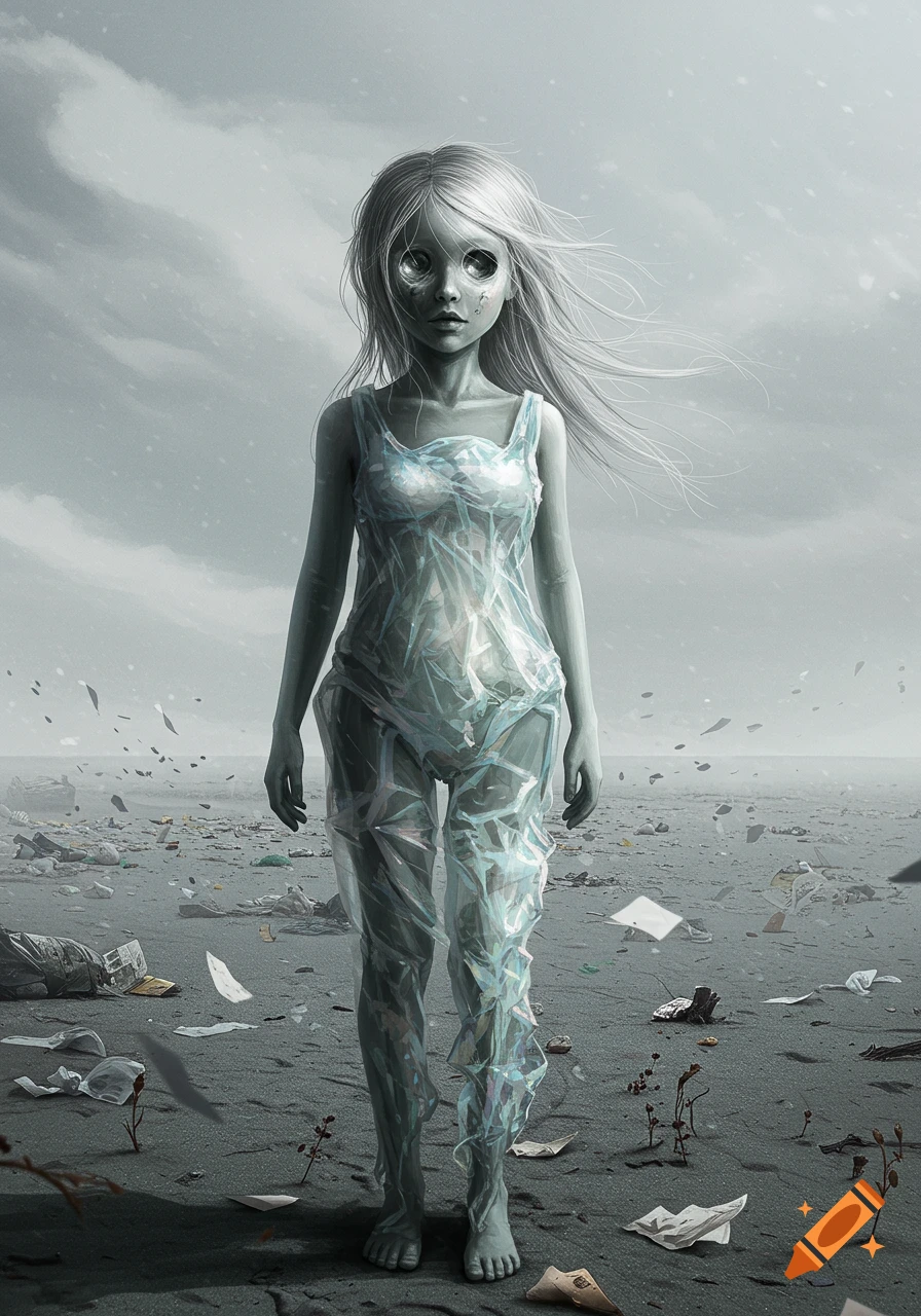 A surreal doll-like figure with plastic skin and empty bottle eyes walks through a trash-strewn, desolate landscape under a cloudy sky.