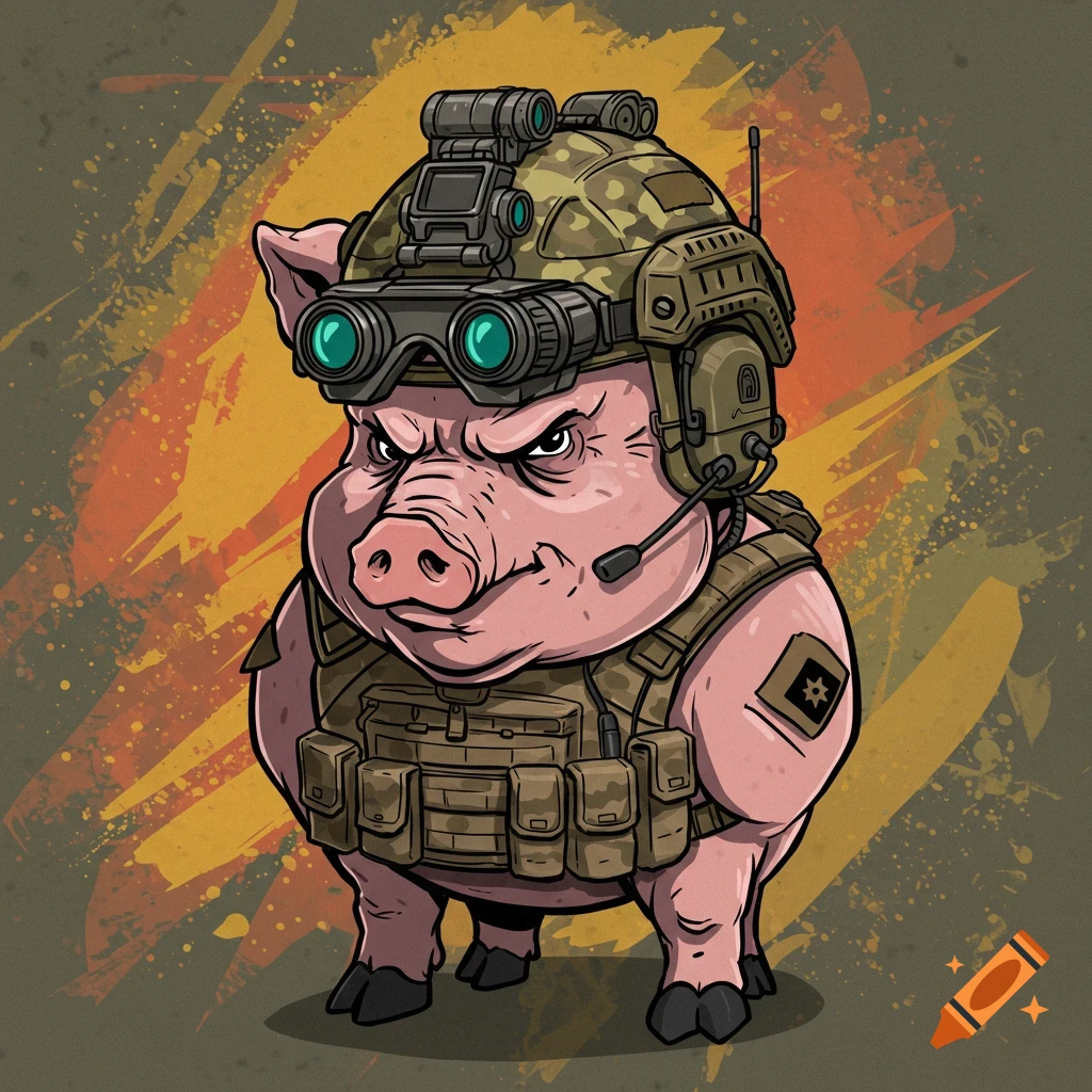 A cartoon pig wearing a camouflage combat helmet with night vision goggles, a tactical vest, and a headset, against a distressed background.
