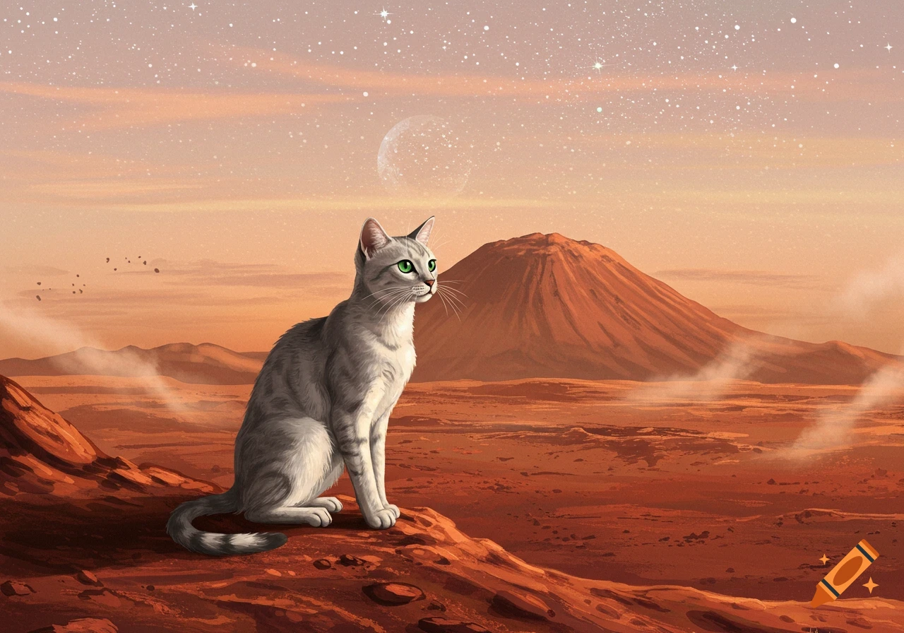 A gray tabby cat with green eyes sits on a red, rocky Martian landscape under a starry sky with a large mountain in the background.