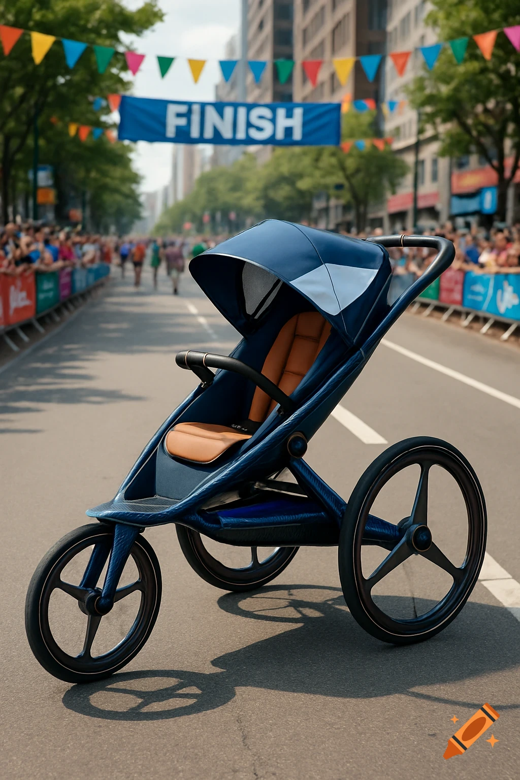 A sleek blue three-wheel jogging stroller with tan leather accents on a city street during a marathon, with a finish line banner in the background.