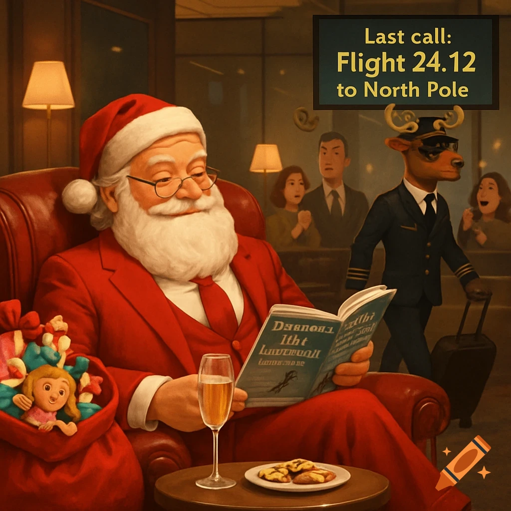 Santa Claus in a red suit reads a book in a luxurious airport lounge. A reindeer pilot walks by as a monitor displays "Last call: Flight 24.12 to North Pole".